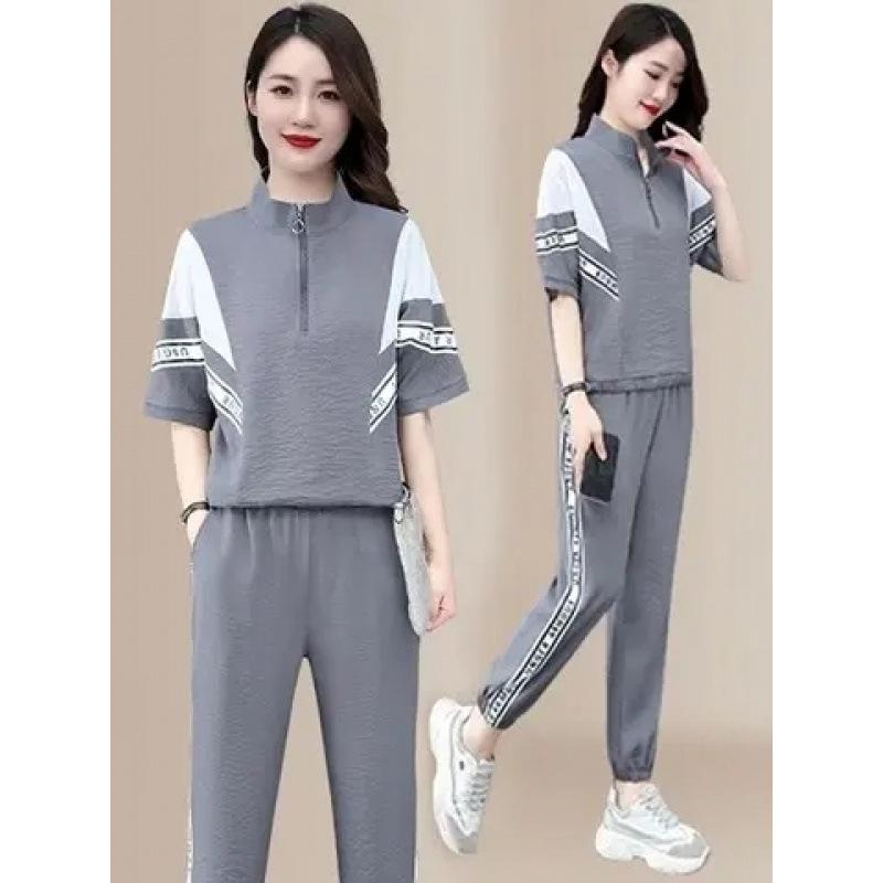2025 Women's Stylish Two-Piece Summer Set: Short-Sleeved, Loose Stand-Up Collar, Slimming Casual Outfit