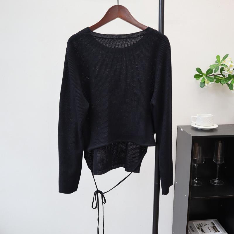 

Ранняя осень новый перед длинный зад короткий шнуровка дизайн тонкий вязаный свитер топ защита от солнца кондиционер блузка женщины one size fits all чёрный