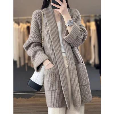 Women's Autumn and Winter  Korean Version Medium Long V-neck Sweater Women's Coat Slimming Lazy Style Knitted Coat
