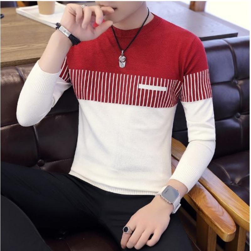 Men Crew Neck Color Block Knit Sweater Red and White Striped Long Sleeve Casual Pullover