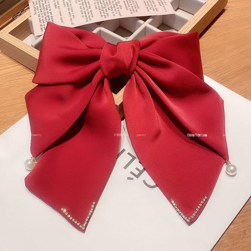 Korean Style Bow Hair Clip with Long Pearl and Multi-Layer Satin for Women.
