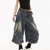 American Style Women Vintage Washed Workwear Denim Shorts with Multiple Pockets Pleated Design Loose Drapey Seven-Foot Pants
