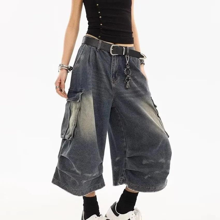 Pantaloni scurți din denim pentru femei, stil american, vintage, spălați, cu buzunare multiple, design plisat, lejer, drapeați, de șapte picioare