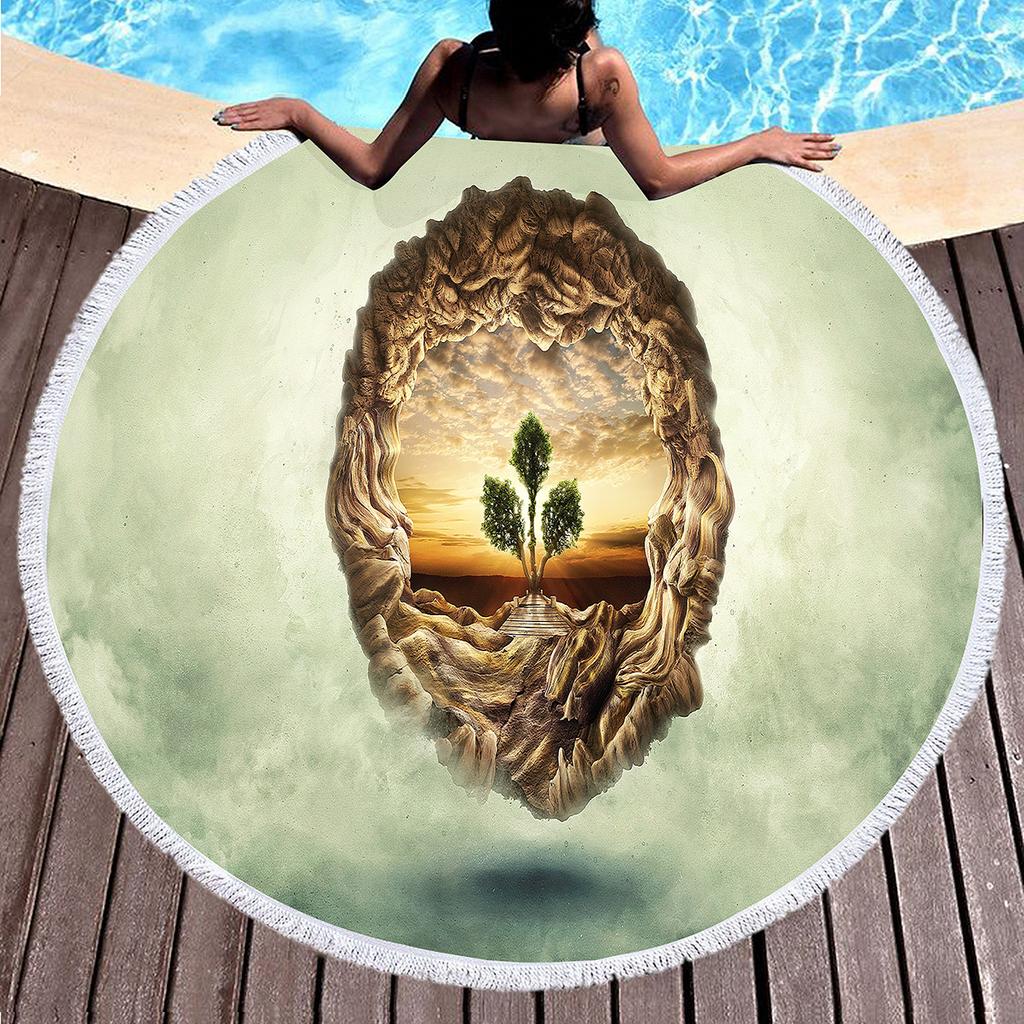 Tree of Life Round Beach Blanket with Tassels Polyester Sandproof Beach Towel,Absorbent Quick Dry Pool Towel Portable Picnic Mat