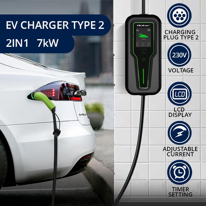 Qoltec Mobilna ładowarka do samochodu elektrycznego EV z regulacją 2w1 Typ2 | 7kW | 230V | CEE 32A | LCD | Przenośna | Wallbox | 5m