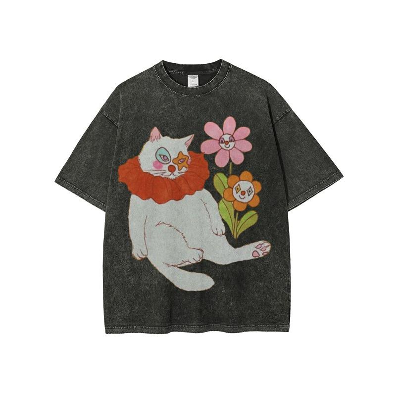 European Size Washed Cotton, Cat Daguanyuan Printed T-shirt, High-quality Batik Cotton Retro Fashion Brand T-shirt, Daily Wear Explosion, Holiday Gift