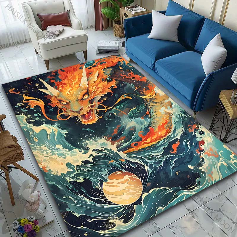 1PC Fiery dragon with waves and moon Print Carpet Rug for Living Room Bedroom Sofa Doormat Home Decor Non-slip Floor Mat