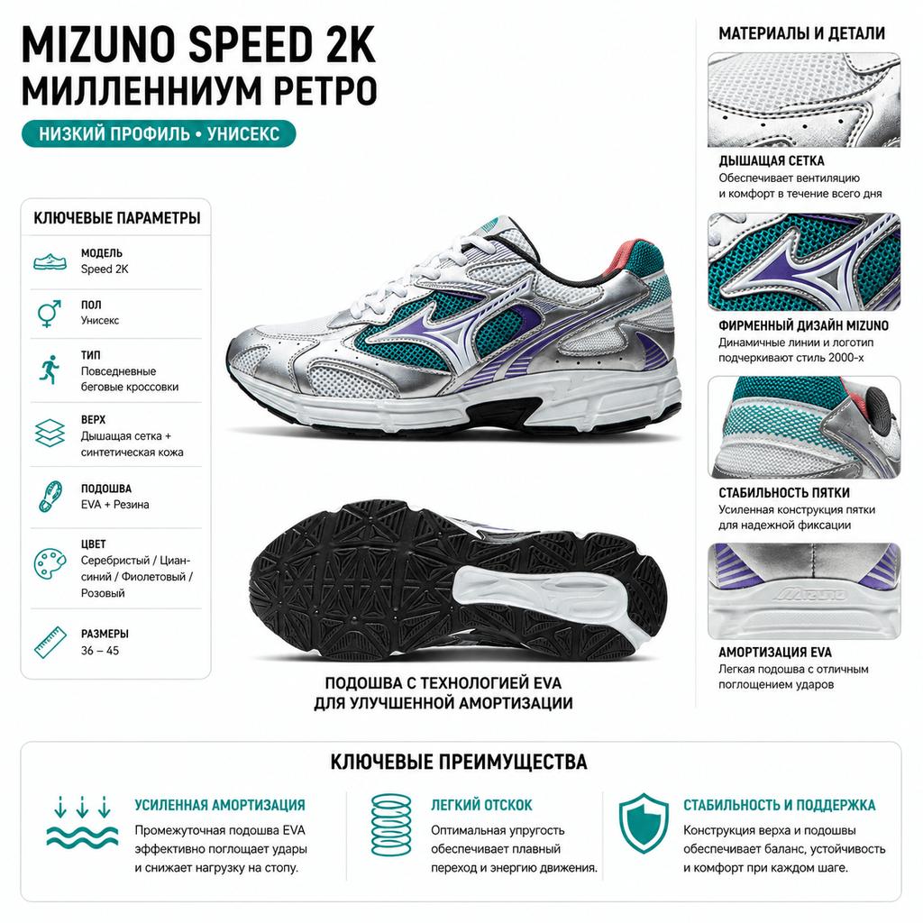 Mizuno Speed 2K Retro Kleurblok Trendy Sports Lage Top Hardloopschoenen Unisex sneaker Petrol D1GH252903