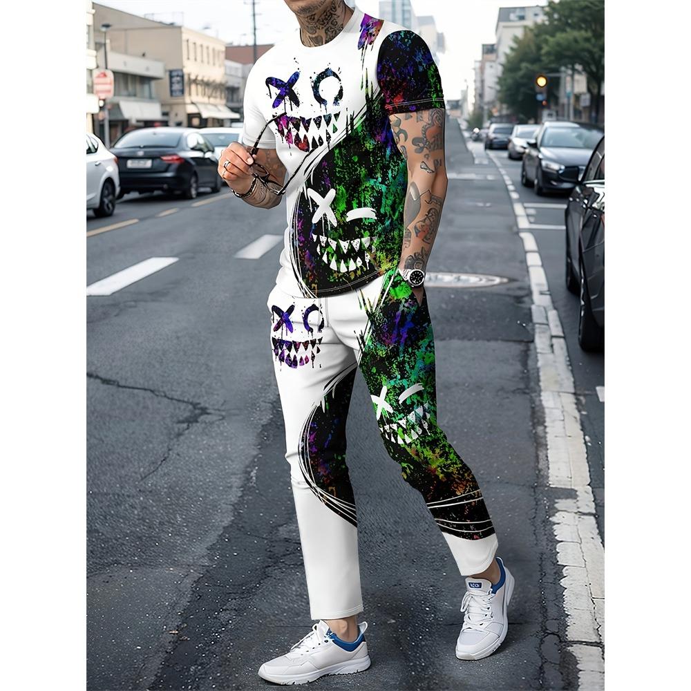 New Summer Men's Sports Suit Men's Round Neck Splicing Printed Short-sleeved T-shirt Loose Pants Two-piece Set Streetwear