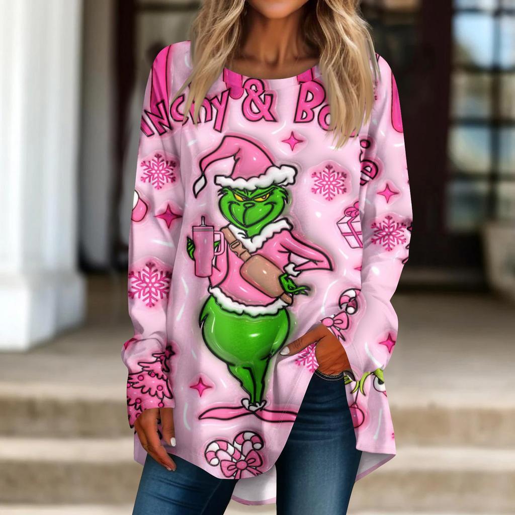 Damen Weihnachtsdruck Langarmshirt Rundhals Pullover T-Shirt Top Pullover