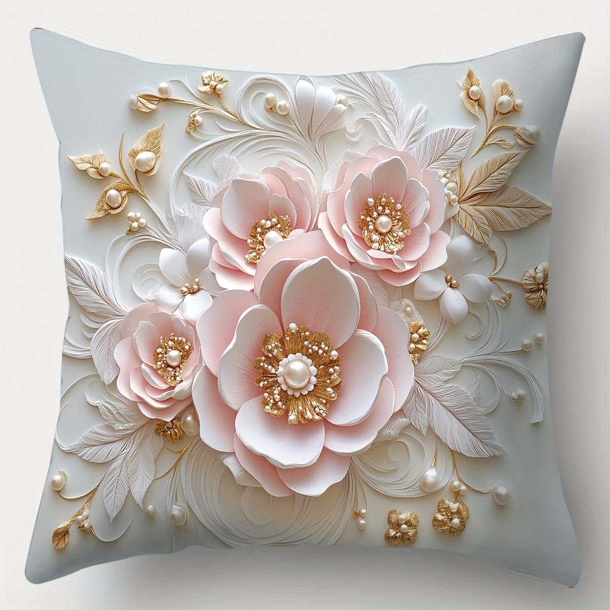 

Pink and White Flowers Gold Leaf Pattern Home Decor Pillowcase Living Room Sofa Polyester Cushion Cover with Zipper 16x16Inch