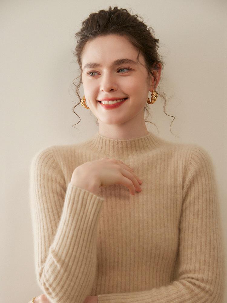 Women's Cashmere Half-Turtleneck Slim Pullover - Warm, Ribbed, and Perfect for Layering