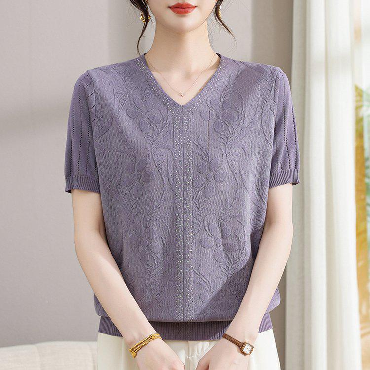 

Chic Casual V-neck Short-sleeve T-shirt for Middle-aged & Elderly Women - Spring/Summer Pullover Top XL (90-115 jin) фіолетовий