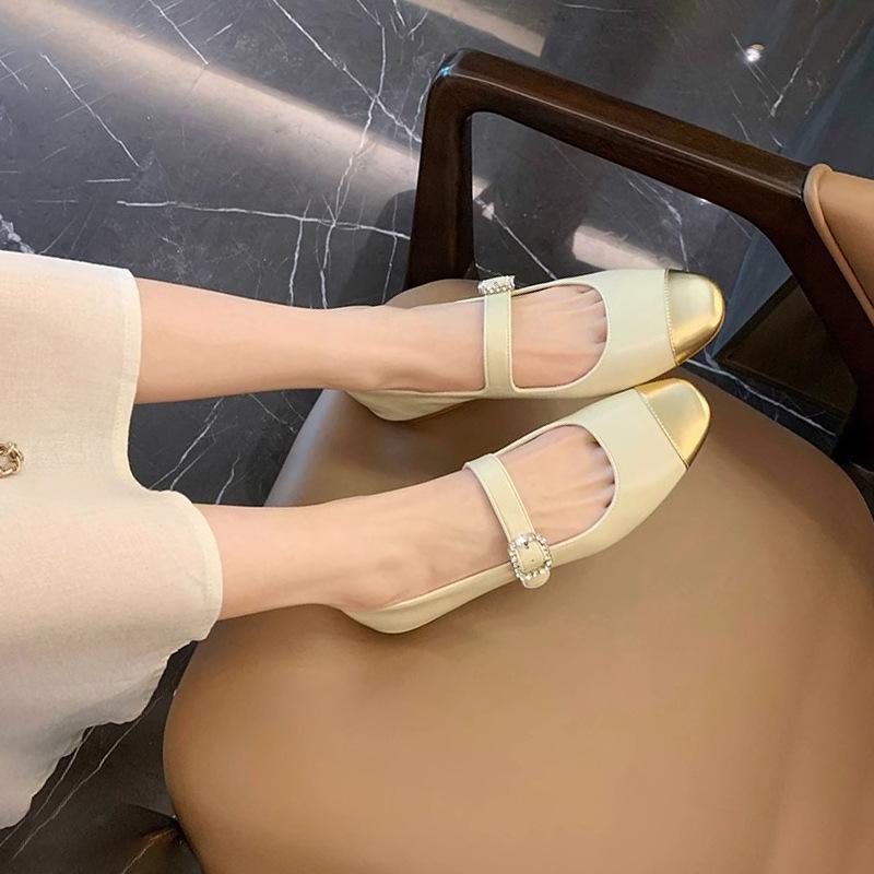 Leather Version Shoes Silver Mary Jane Shoes Women's Thick Heel Versatile Light Mouth Single Shoes Round Head Rhinestone Buckle French High Heels