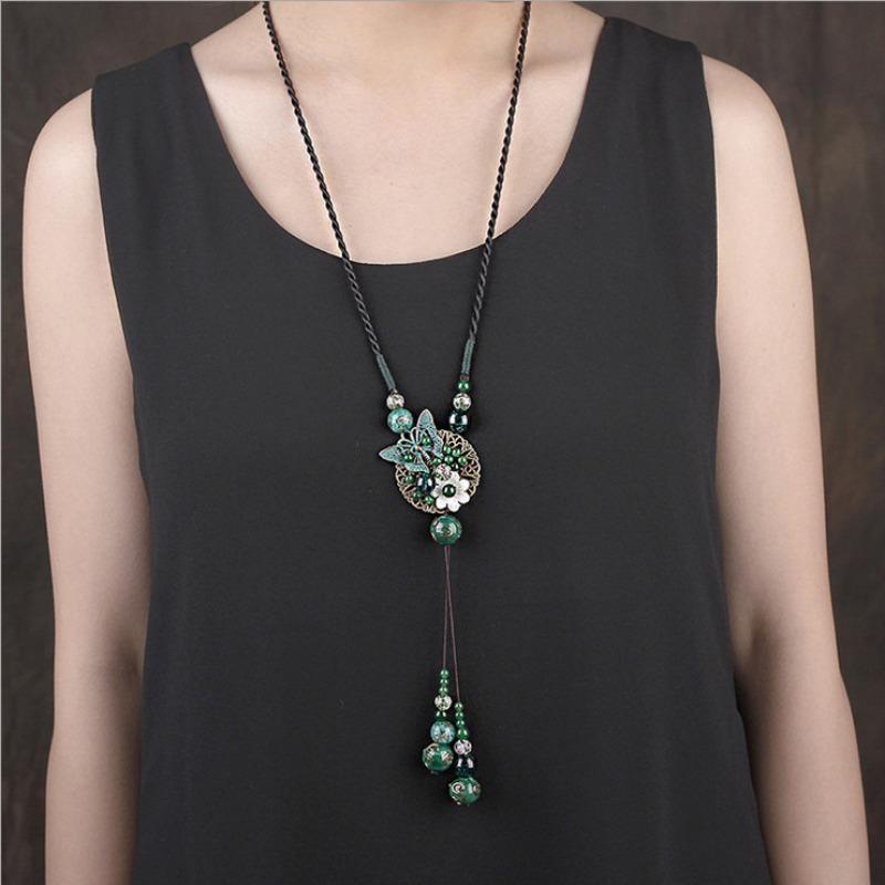 Women's Pendant Necklace Retro Ethnic Style Long Jade Necklace Sweater Chain Lucite Accessories Jewelry Gift KTJ
