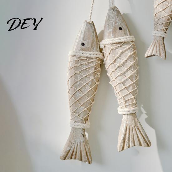 Unique Housewarming Gifts Rustic Nautical Wooden Fish Decor, Coastal Beach Style Wall Hanging Office Decorative Accents Ornament with Fishing Net for