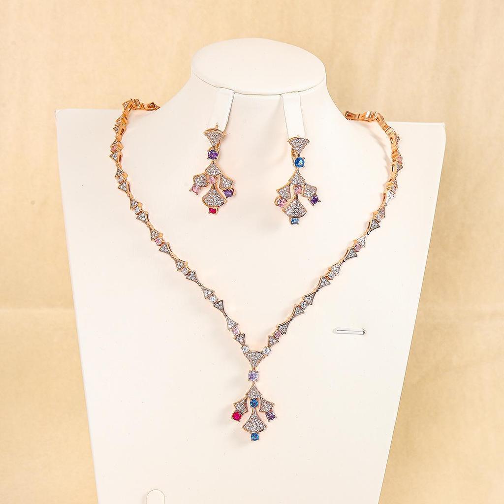 Elegant Fan-shaped Necklace and Colorful Zircon Earrings Set for Women - Gold-plated Copper