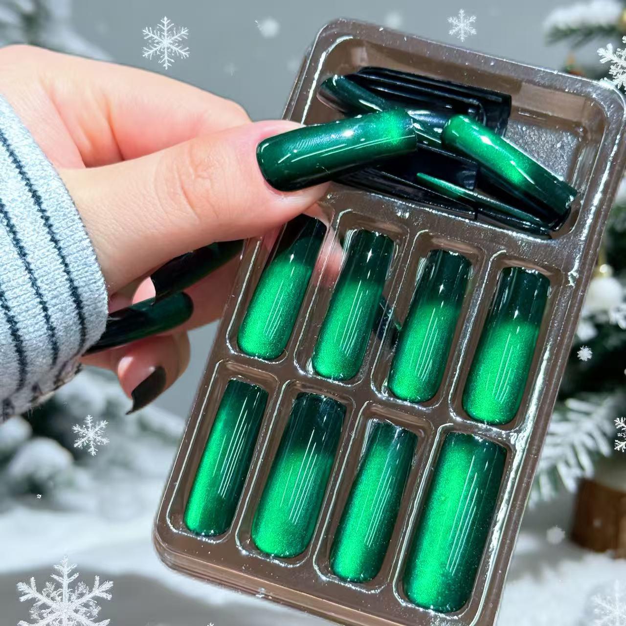 24pcs Green Cat Eye Nail Art: Autumn/Winter Long Square Gradient Glass Beads Bling Wearable Nails