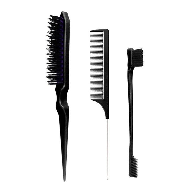 Three-piece hair comb set: Tapered tail comb, three-row comb, steel needle rat tail comb, toothbrush, eyebrow brush