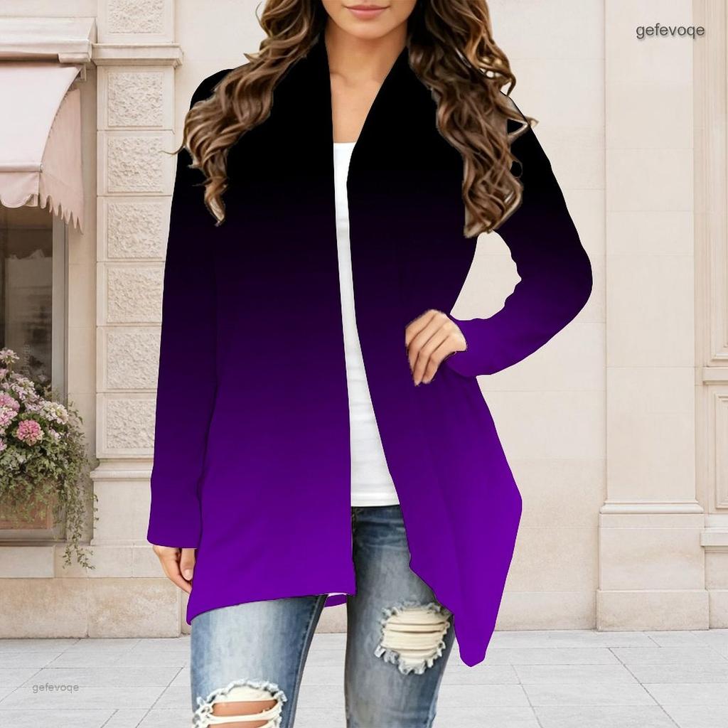 Women Plus Size Long Sleeve Open Front Draped Collar Curved Hem Printed Cardigan Green White Gold