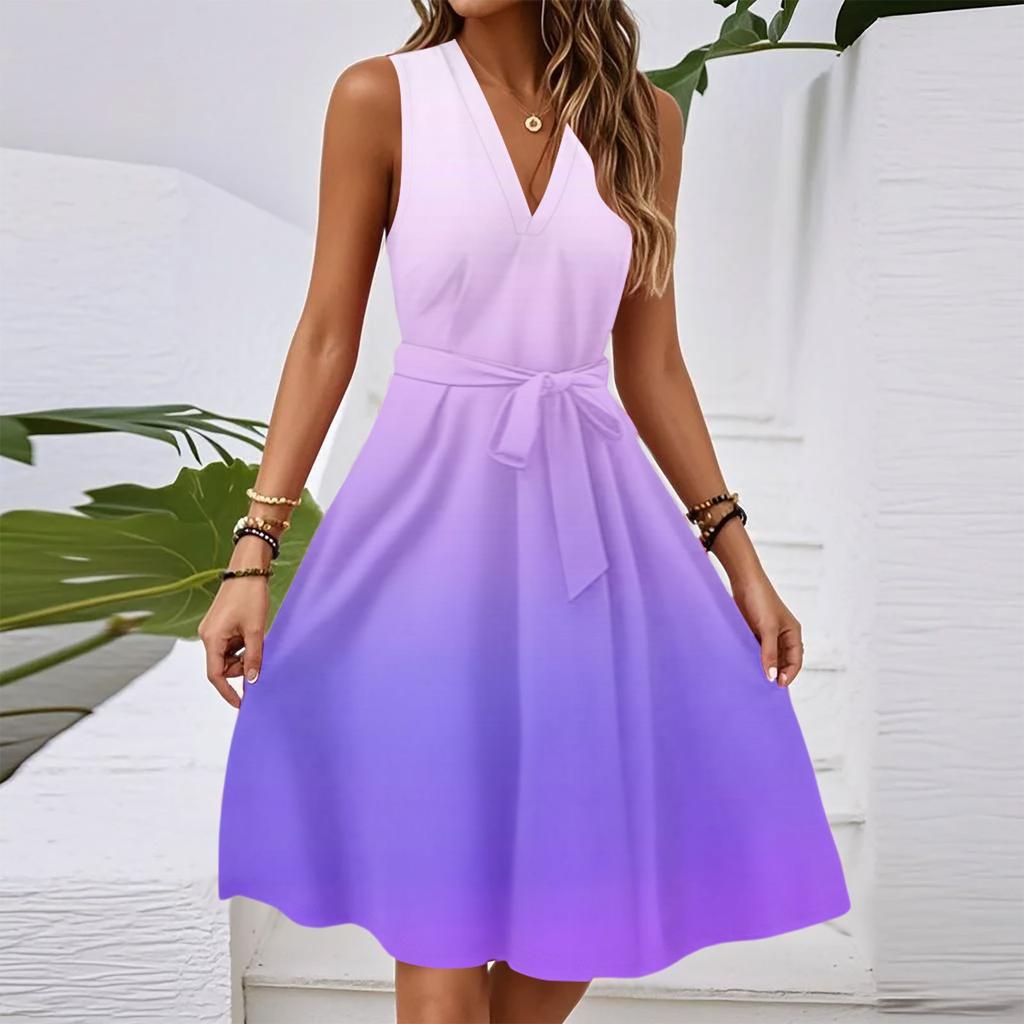 Women's Spring And Summer Casual V-Neck Sleeveless Waist Gradient Printed Midi Dress