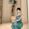 Pure and alluring butterfly print green dress for women, summer temperament, swaying collar, waist-cinching, sleeveless, hip-hugging long dress