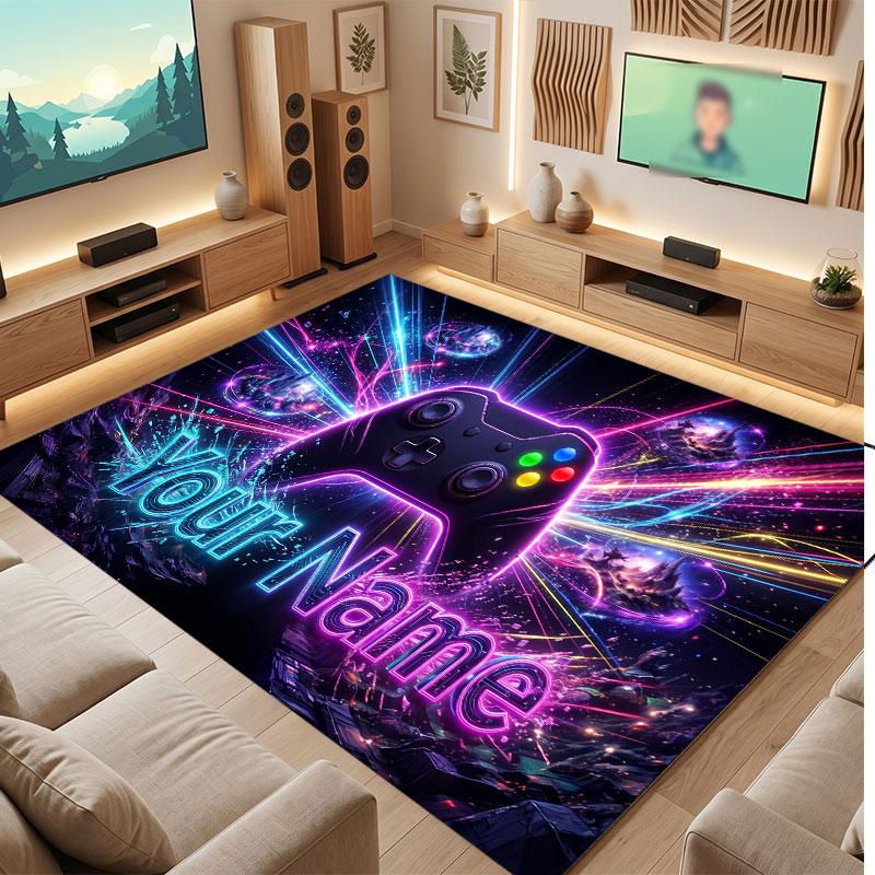 City Cyberpunk Theme Crystal Velvet Floor Rug Personalized Custom Name Text Warm Carpet Home Decoration