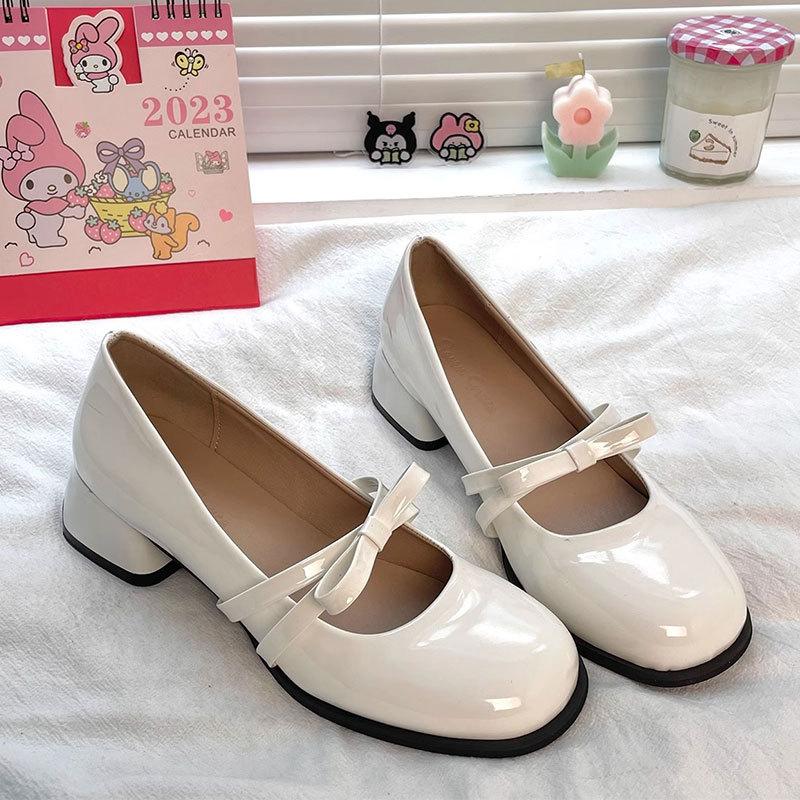 Black Patent Leather Round Head Small Leather Shoes Light Mouth Thick Heel Single Shoes Women's 2025 Autumn New French High Heel Mary Jane Shoes
