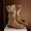 Round Toe Mid Heels Women Knee-high Boots Soft Ruched Loose Fit Design Retro British Style Long Booties Cowboy Shoes for Lady