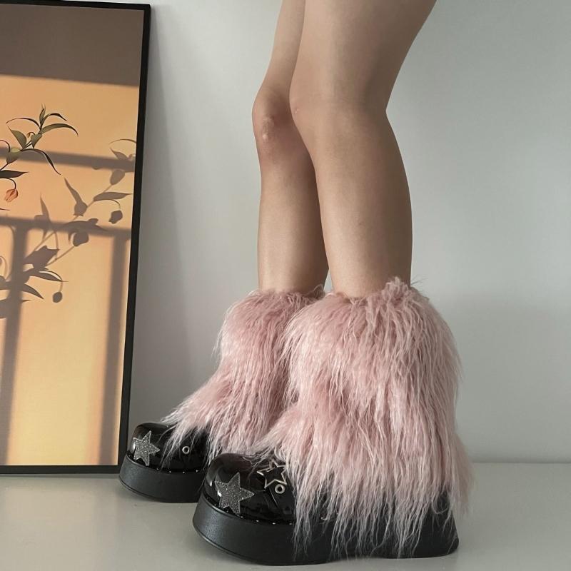 Fuzzy Faux Furs Leg Warmers Furs Heels Long Boots Cuffs Cover Has Elastic One Pair Carnivals Boot Cover Y2K JK Uniform