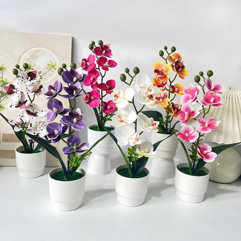 Pink Artificial Orchid Potted Flower with White Pot Artificial Faux Plants Indoor Decoration
