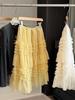 Korean Style Layered Lace Midi Skirt with Elastic Waist - Spring Fluffy Gauze Skirt for Women