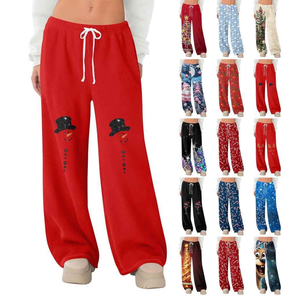 Women's Fleece Wide Leg Elastic Waist Drawstring Loose Pants Drawstring Pajama Pants Sleepwear Trousers