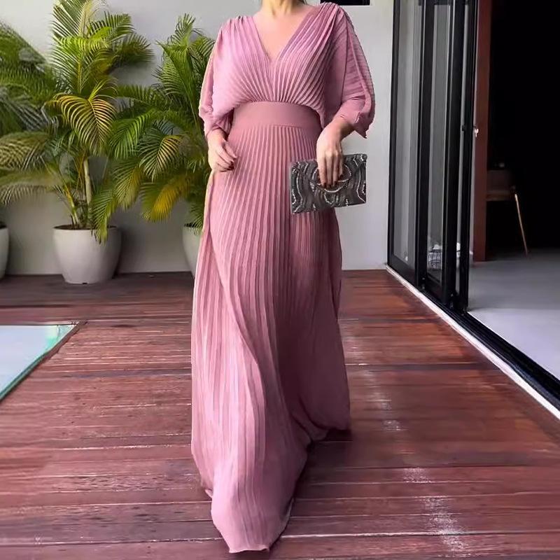 Women's Solid V Neck Batwing Half Sleeve Pleated Maxi Dress High Waist Formal Evening Gown XS-3XL