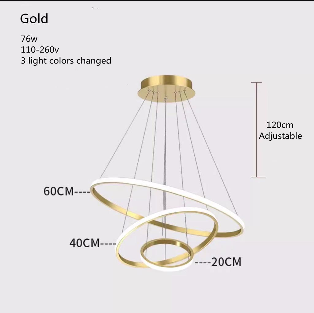3 Rings Aluminium Chandelier Restaurant Lighting Modern Living Room Ring Lamp 20 40 60cm 3 Layers Dining Room Round Chandelier