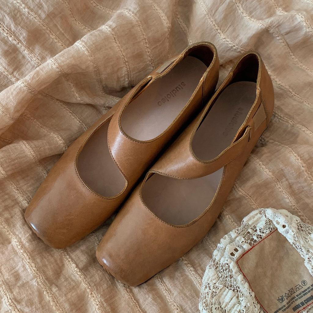 Sheepskin version~ high-end leather square head thick heel small leather shoes single shoes women's ballet style medium high heel Mary Jane ladyshoes