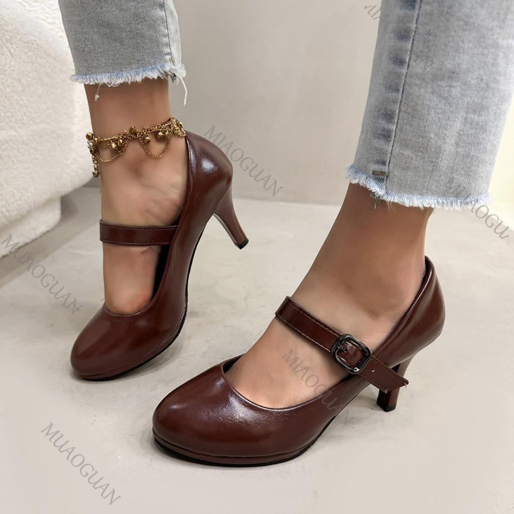Fashion New Spring Autumn Pumps Shoes Leather Round Toe Women High Heels Shallow Mouth Versatile Solid Color Elegant Woman Heeled Shoes