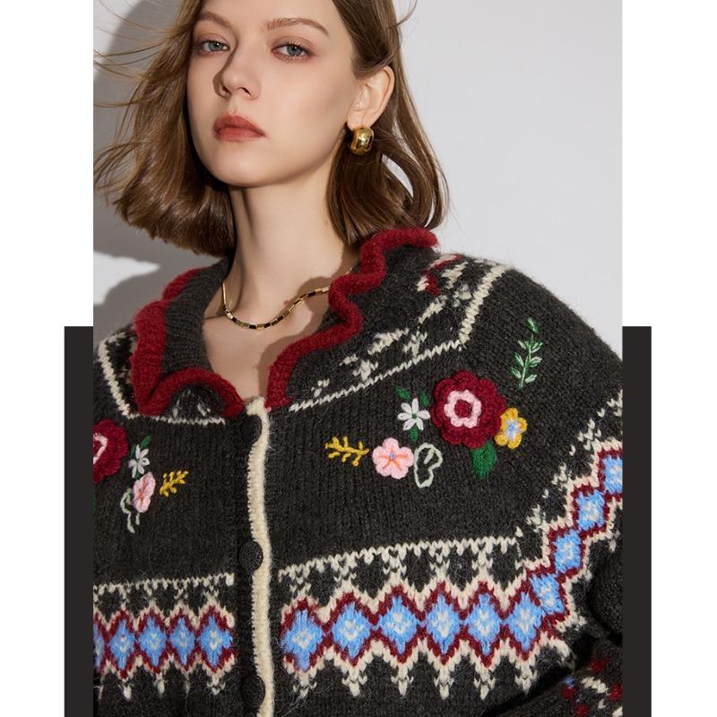 DIMANAF 2025 Sweaters Cardigan Flowers Autumn Pockets Women Print V-Neck Sweaters Knitting Loose Sweater