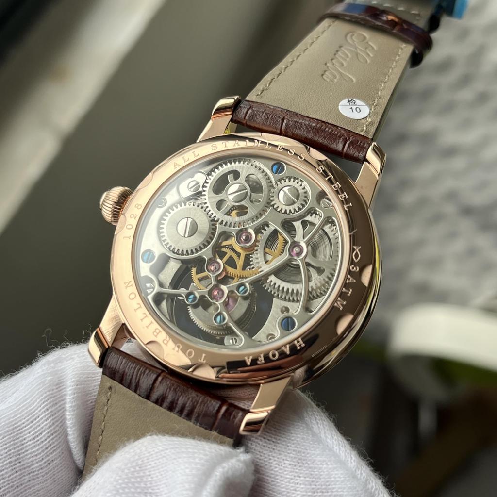 HAOFA Tourbillon Watch Mechanical Moon Phase GMT Genuine Leather Strap Hollow Engraved Dial Business Stylish Waterproof Arm Watch Men's Men's