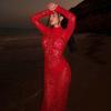 2025 Spring Mesh Lace High Neck Long Sleeve Women's Slim Fit Evening Gown