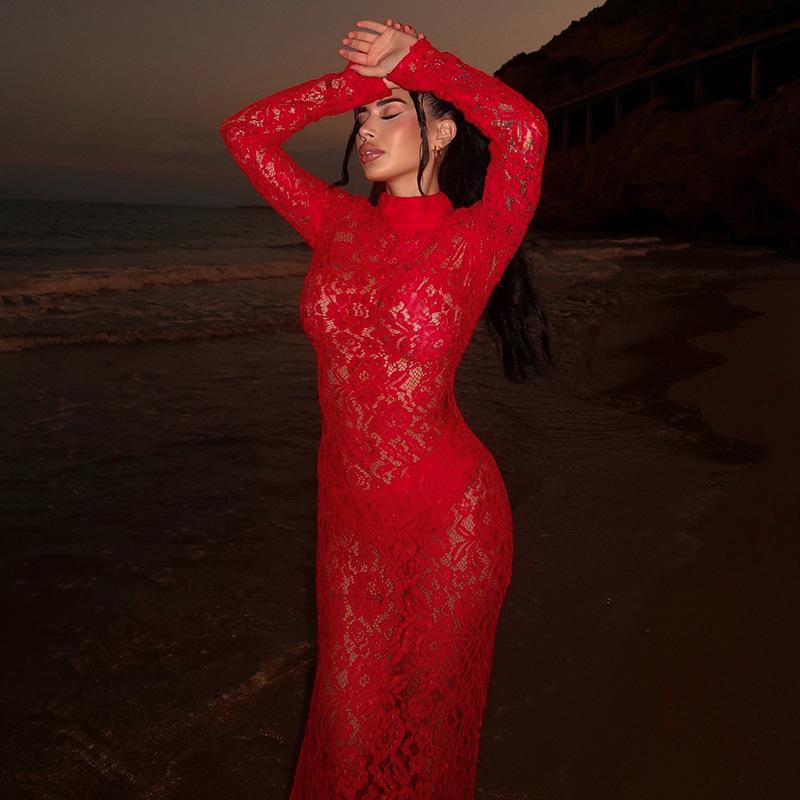 2025 Spring Mesh Lace High Neck Long Sleeve Women's Slim Fit Evening Gown