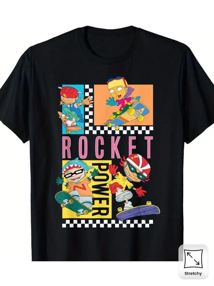 

1pc Men S Rocket Power Graphic Tee, 180gsm Cotton Crew Neck T-Shirt with Slight 4XL