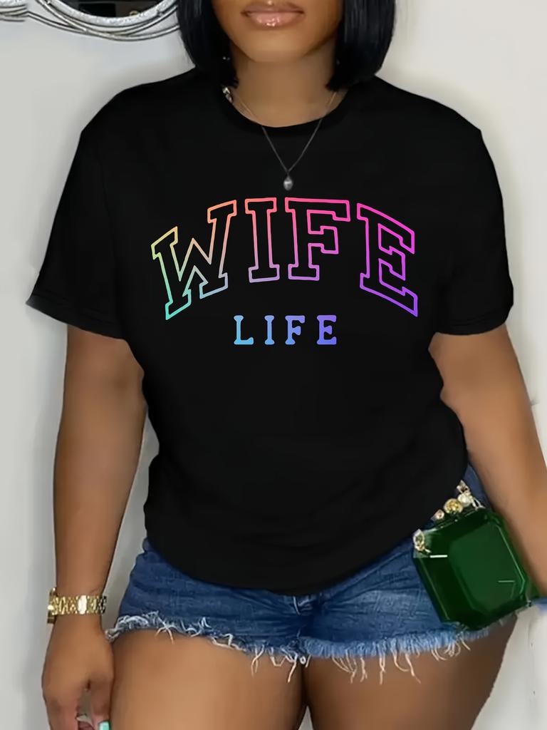 European sizes Women's Oversized Round Neck T-Shirt Suitable for Summer - Soft Casual WIFE Letter Print Top, Plus Size Spring/Fall Blouses