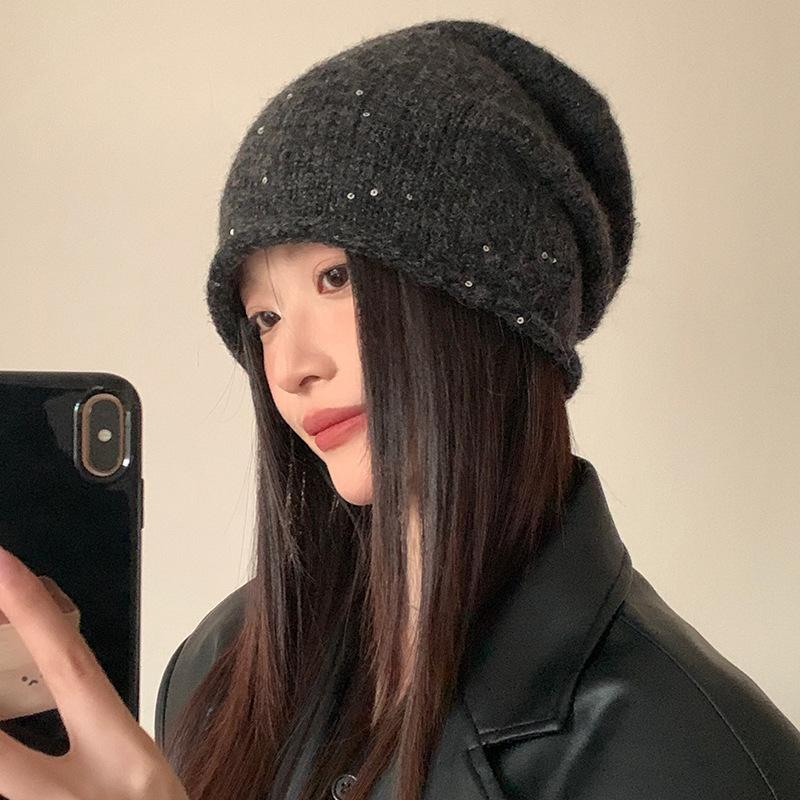 Glitter-sensitive Knitted Woolen Hat for Women New Autumn and Winter Fashionable and Versatile Baotou Hat That Shows Face Small Cold Hat
