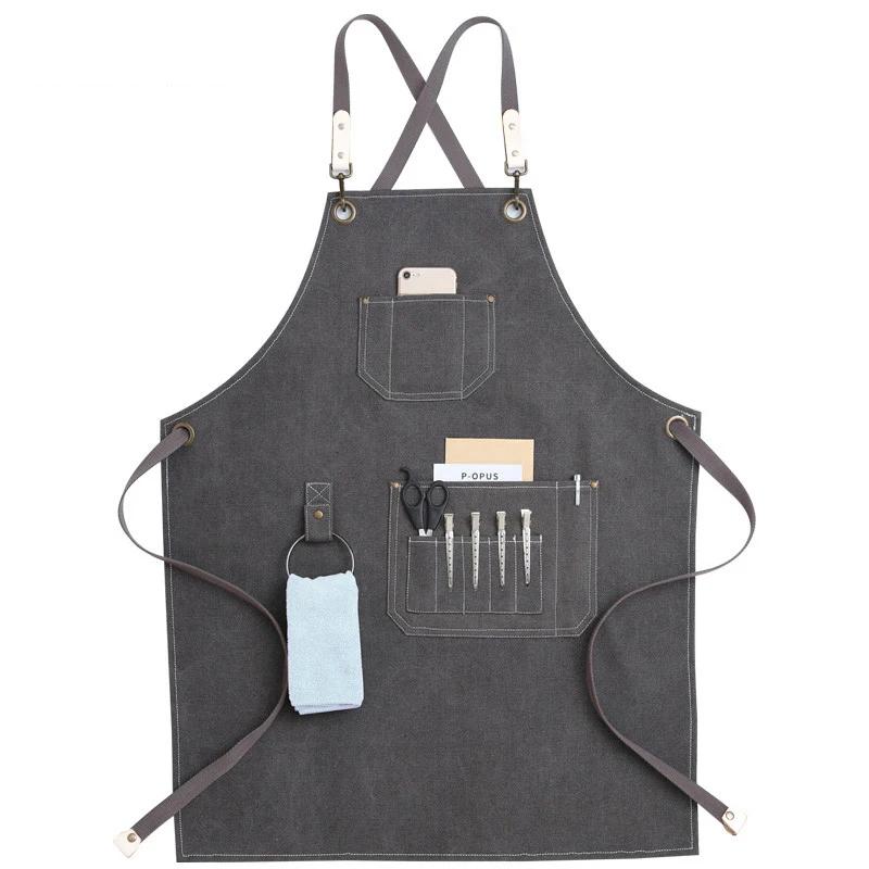 Kitchen Apron Heavy Duty Canvas Barber Work Aprons Unisex Cross Straps Adjustable Salon Hairdresser Bib PU Leather Apron for Men