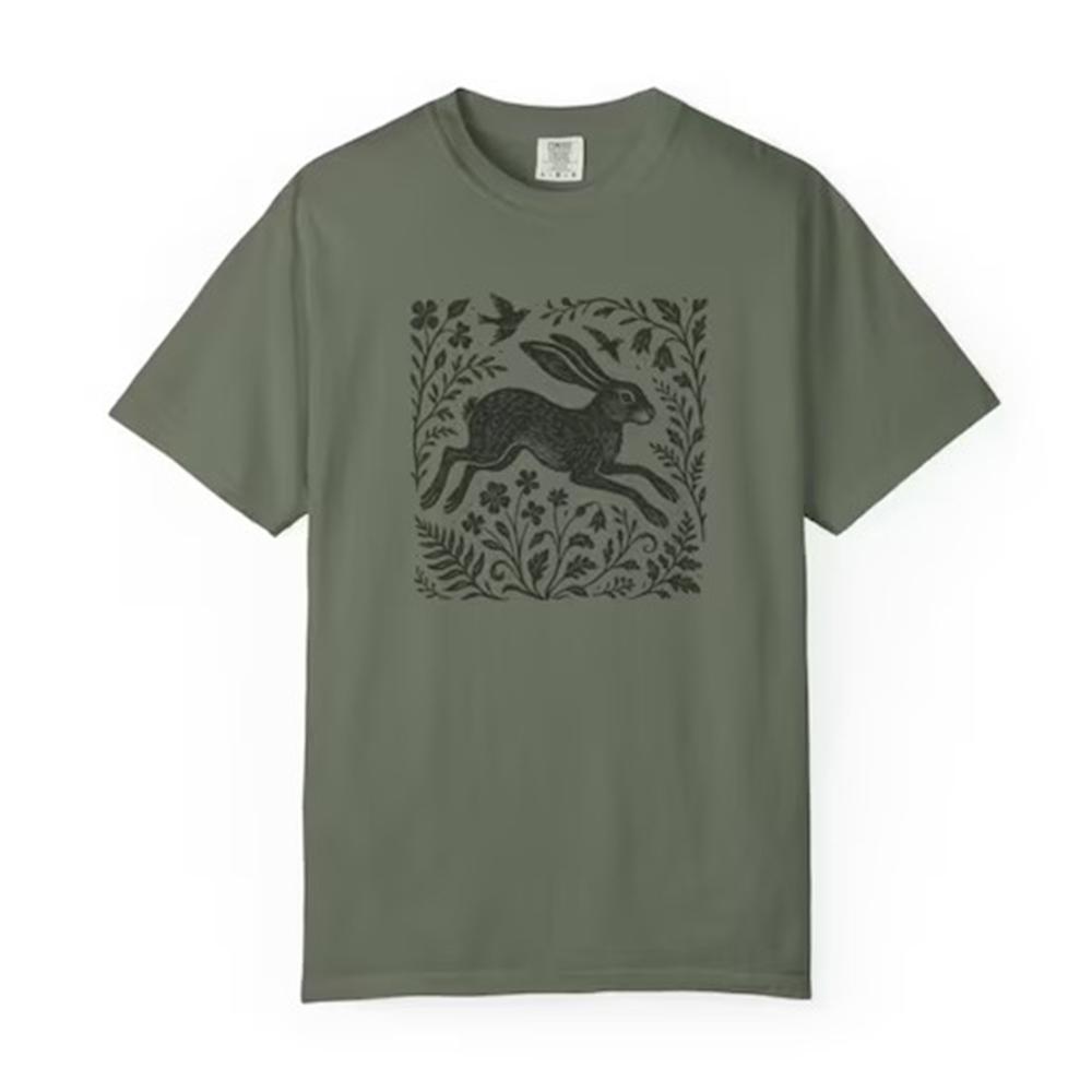 Vintage Wild Hare Linoprint Shirt Witchy Folk Art Forest Animal Naturecore Tee Dark Academia Unisex Y2K Casual Shirt Streetwear