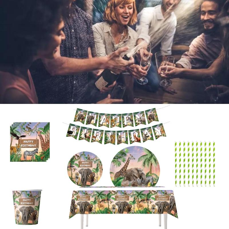 Jungle Animal Zoo Birthday Party Supplies For Boys Jungle Theme Decorations For Baby's First Birthday Tableware And Tablecloth