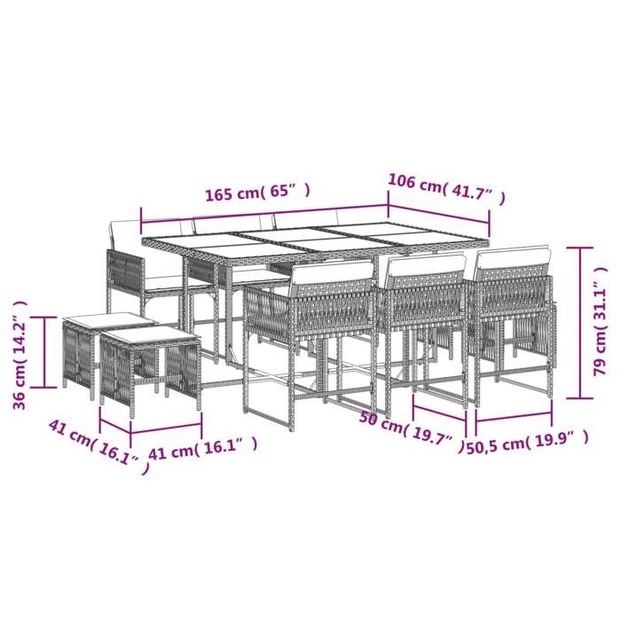 VidaXL Ensemble à Manger de Jardin avec Coussins 11 pcs, Table et Chaises à Dossier Rabattable, Meubles d'Extérieur Patio 3211512