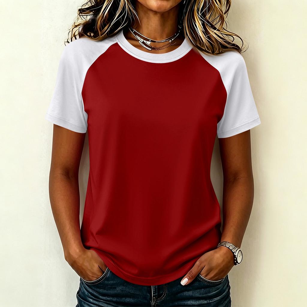 Women Casual Short Sleeve Raglan Sleeve T Shirt Crew Neck Color Block Loose Fit Lightweight Summer Top