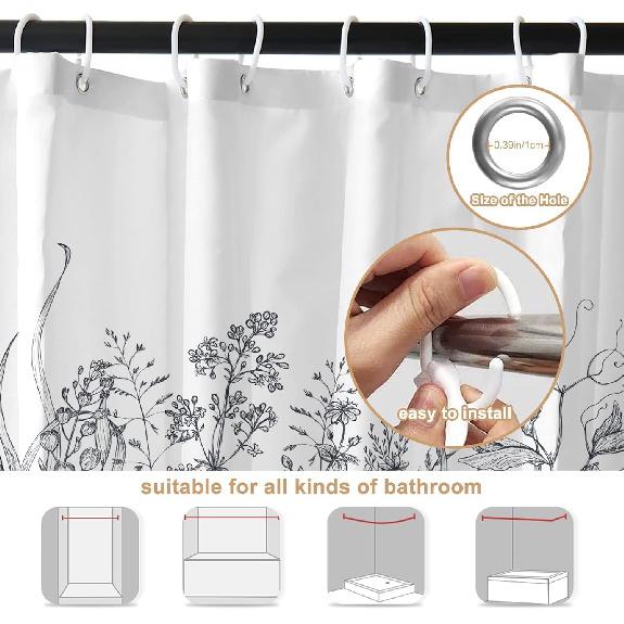 Botanical Stall Shower Curtain, Black and White Plant Herb Flower Floral Small Dorm Bathroom Curtain, Natural Modern Plants Narrow Shower Curtain Set